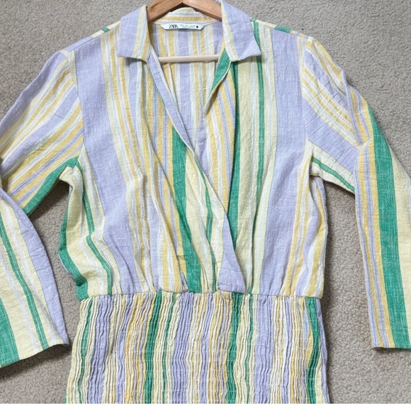 Zara Mini Dress Shirred Skirt Pastel Stripe Long Sleeve Cotton Mini Dress Large - Picture 5 of 15